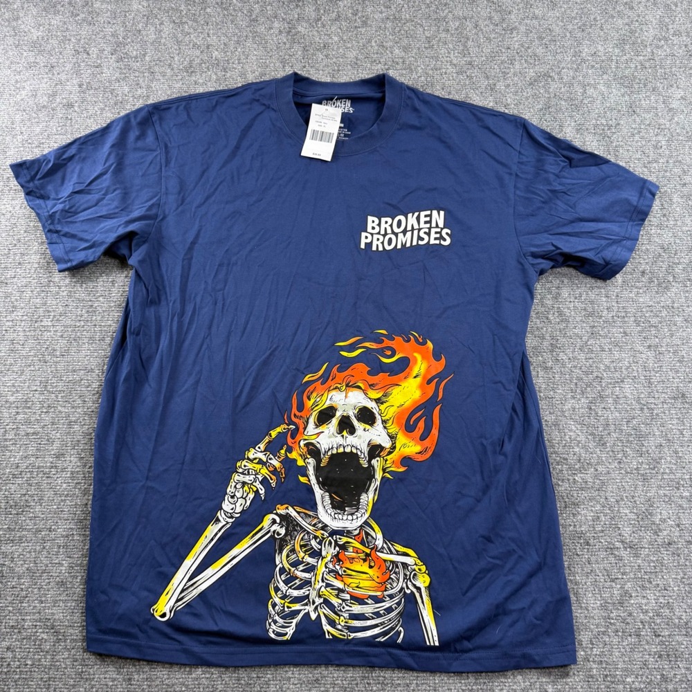 Broken Promises Pyromaniac Tee XL Navy Flaming Skeleton Graphic T-Shirt Mens